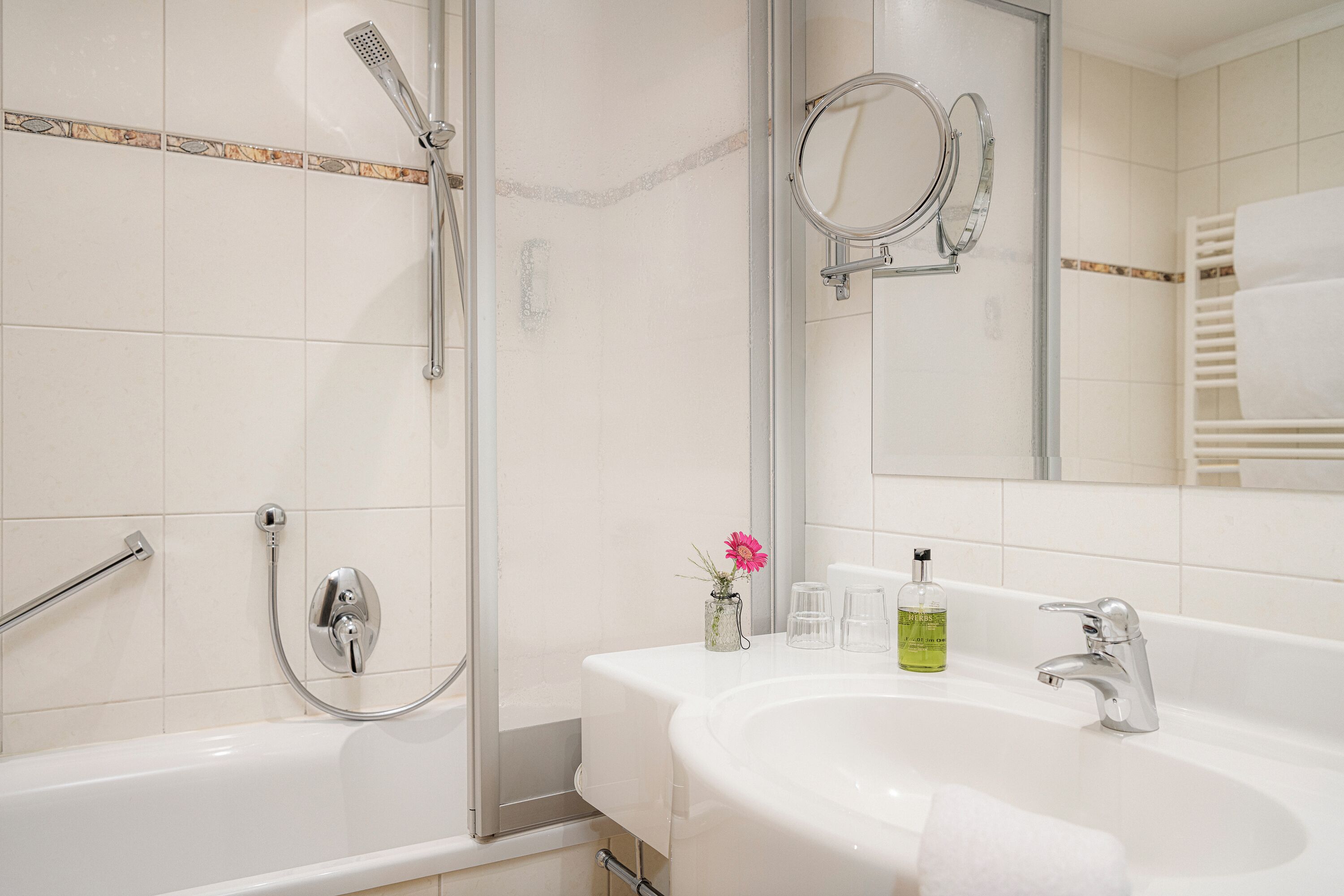 standard double room, balcony (enzian) | bathroom | hair dryer, bathrobes