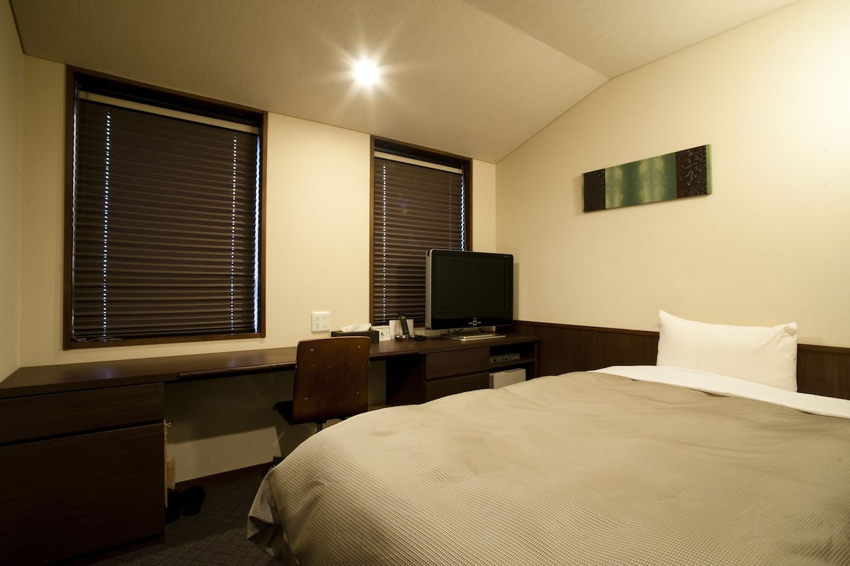 Una camera d'albergo con un letto, una scrivania con una sedia, una televisione e due finestre con tende.
