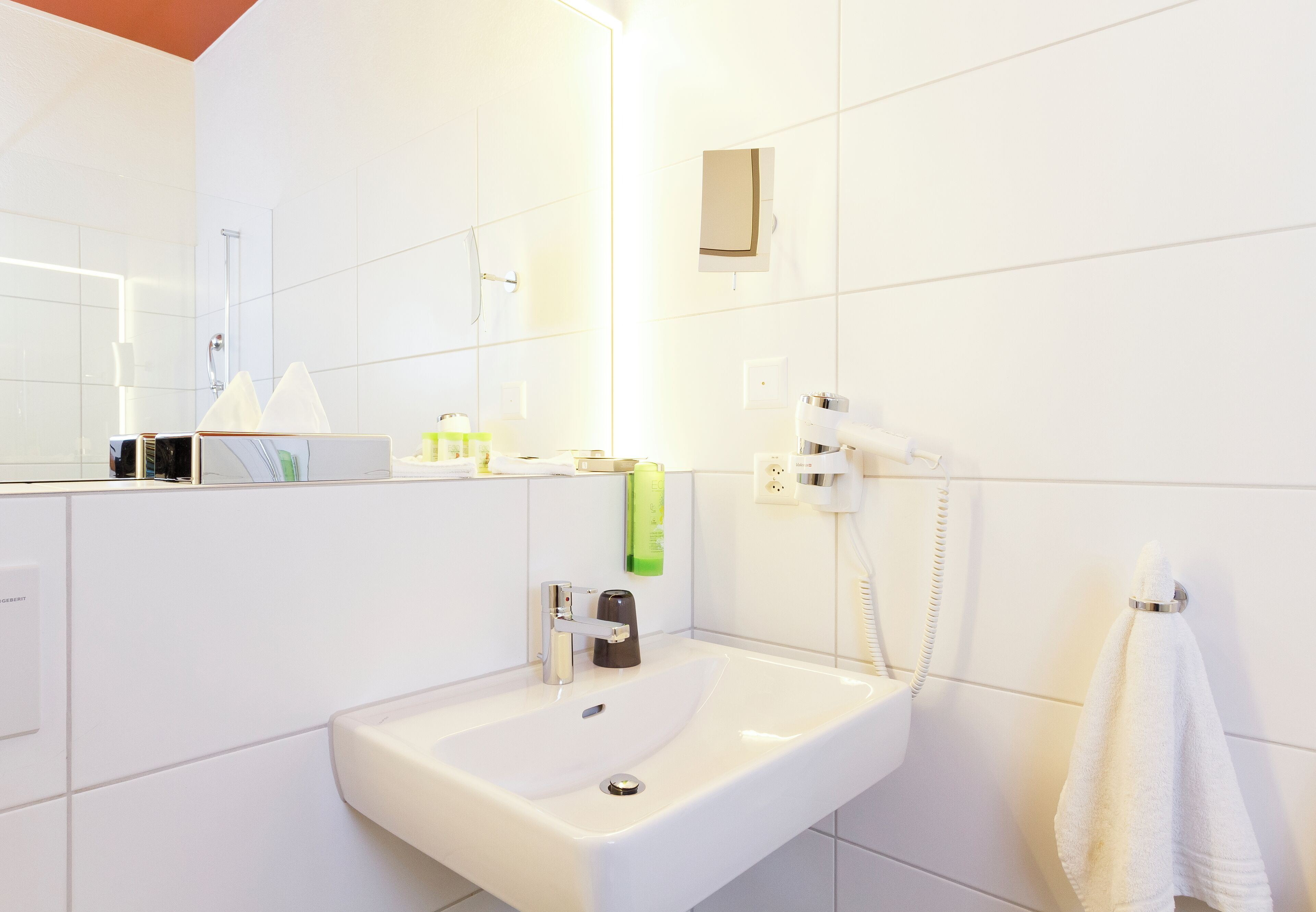 shower, hair dryer, bathrobes, slippers