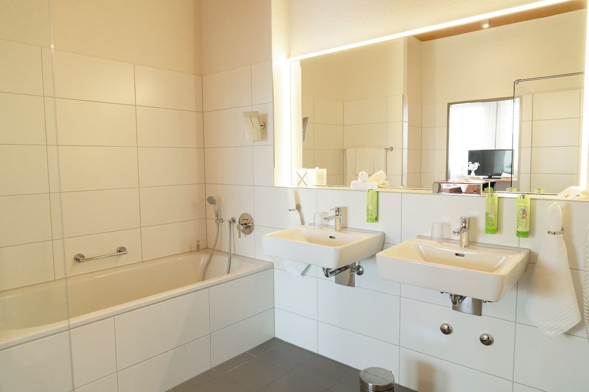 shower, hair dryer, bathrobes, slippers