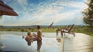 Zona junto a la piscina con una estructura de techo de paja, una terraza de madera y vistas a la fauna silvestre, incluyendo elefantes y una jirafa.