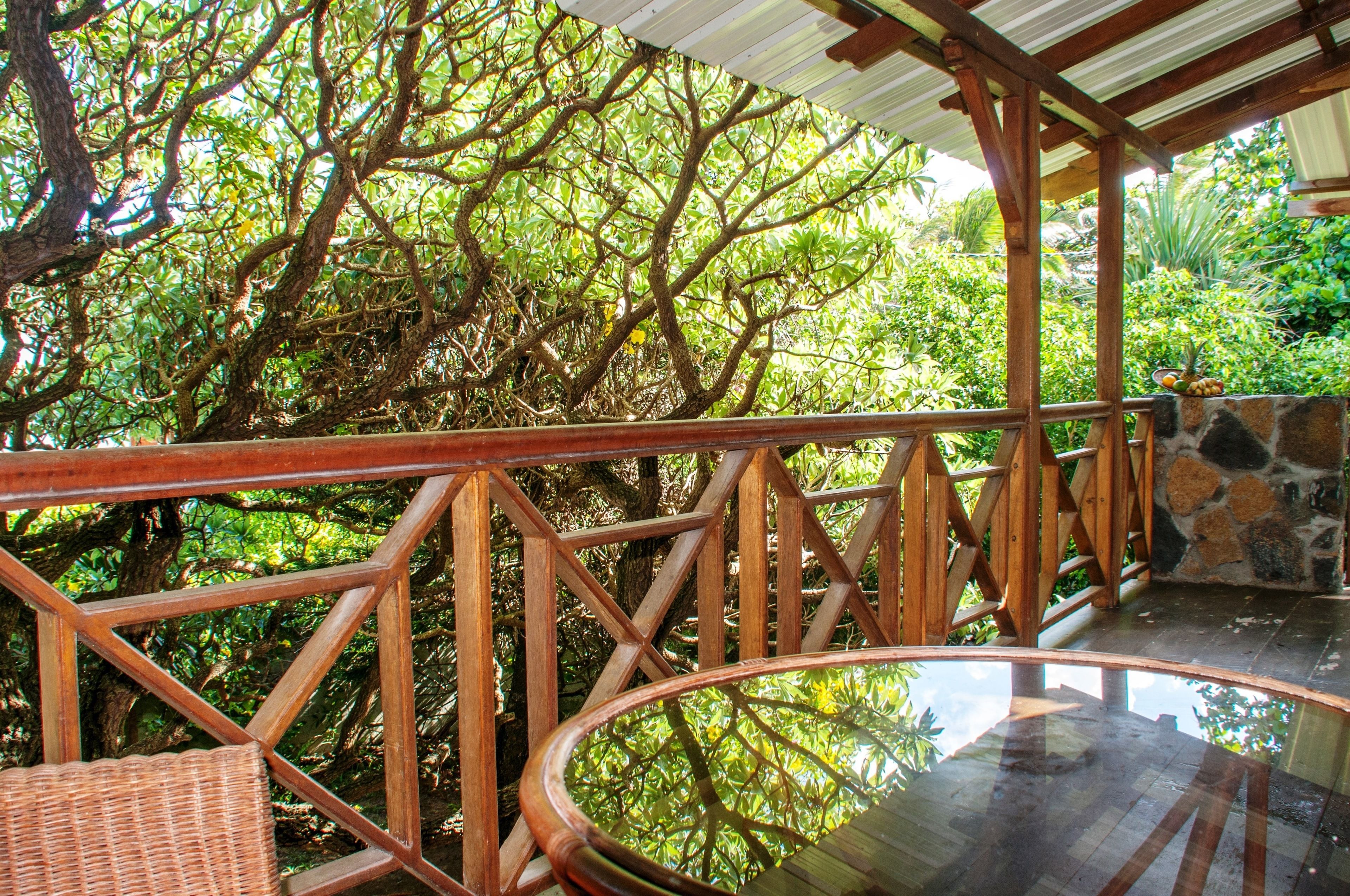 A wooden deck with a glass table, surrounded by lush greenery and a stone wall.
