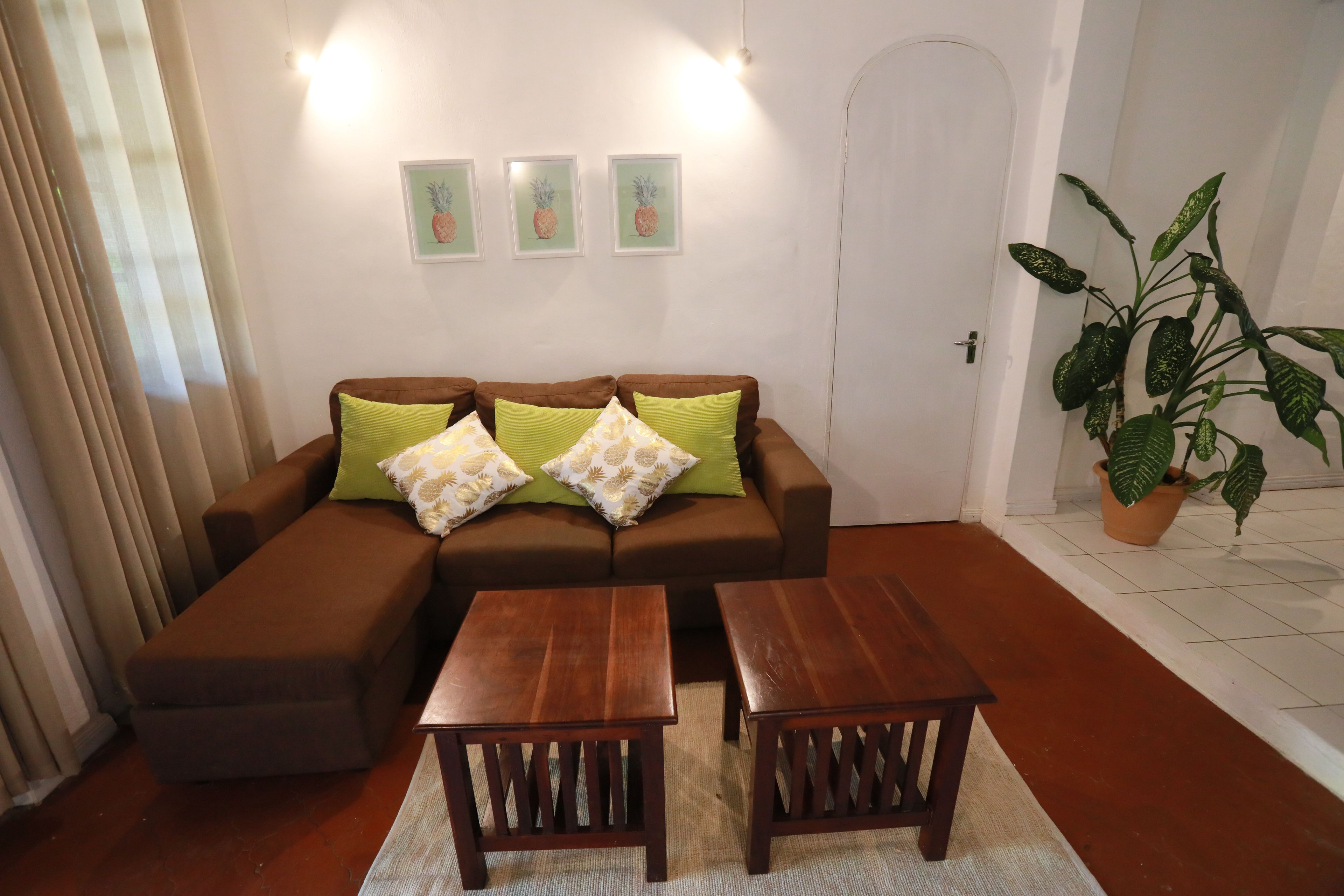 Un salon avec un canapé marron, deux petites tables en bois et une plante en pot.