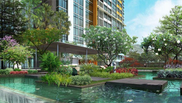 A modern hotel with a rooftop pool, lush greenery, and a waterfall feature.