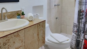 A bathroom with a sink, toilet, and shower. - Fragata Departamentos (Puerto Morelos)