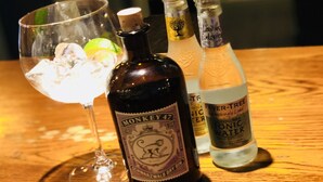 A bottle of Monkey 47 gin, a glass with ice and a lime, and a bottle of Fever-Tree tonic water on a wooden table. - The Old Post Office (Shrewsbury)