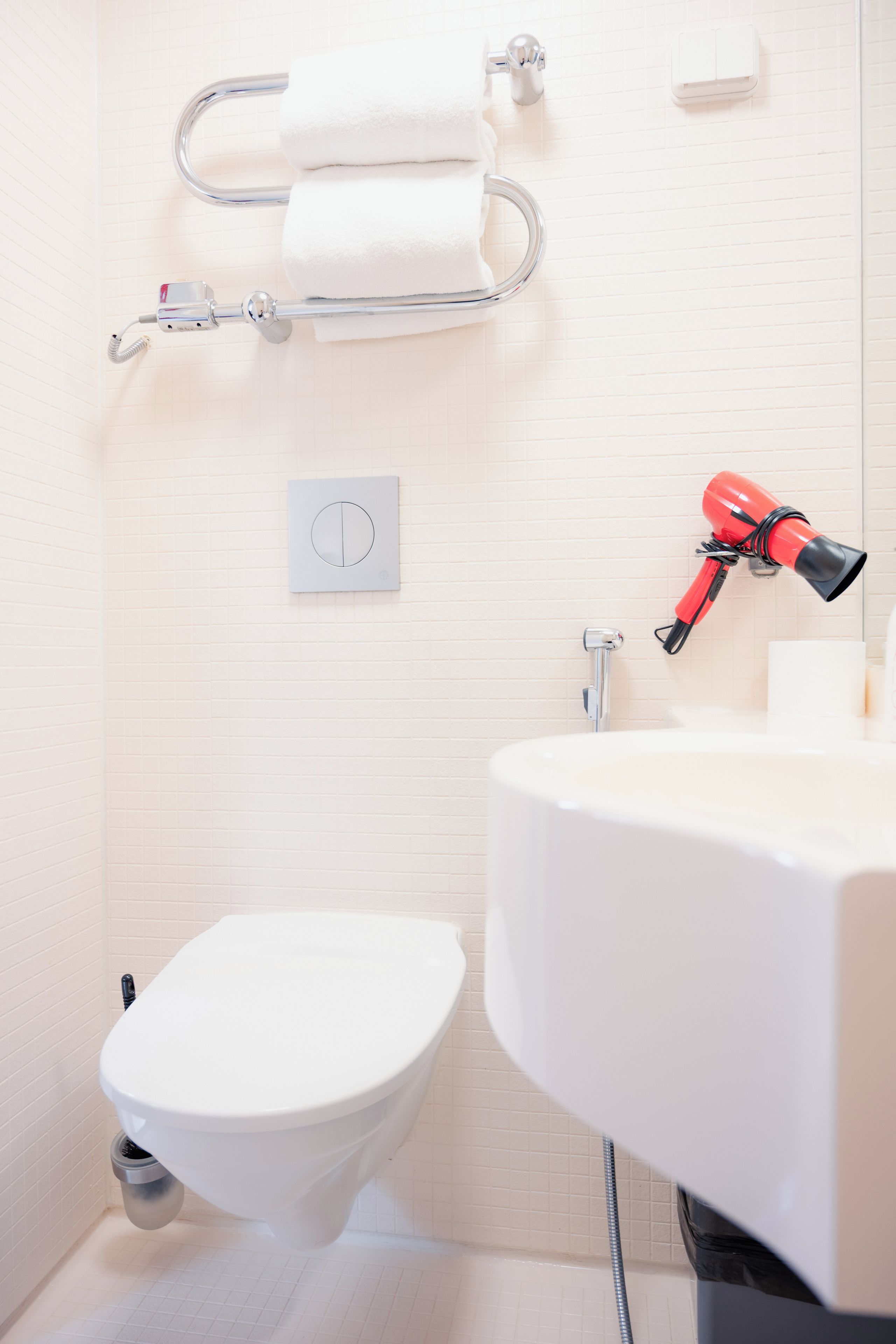 Une salle de bain équipée de toilettes, d’un lavabo, d’un porte-serviettes et d’un sèche-cheveux.