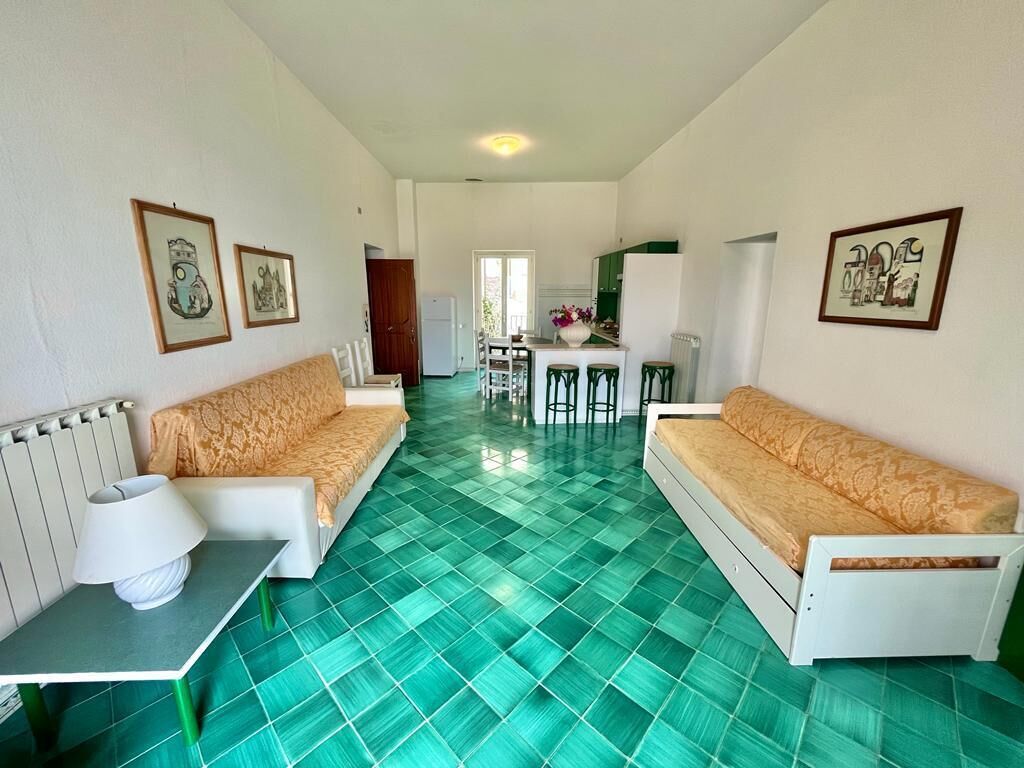 A room with two sofas, a dining table, and chairs.