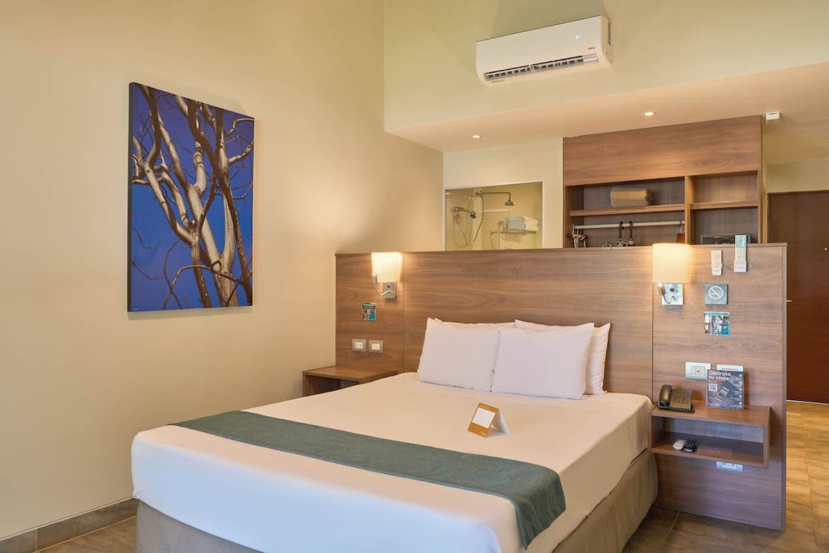 Quarto de hotel com cama grande, cabeceira de madeira, ar condicionado fixado na parede, mesa de cabeceira com luminária e pintura de galhos de árvores.