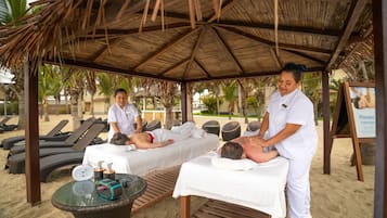 Tratamentos corporais, massagens na praia, esfoliação corporal
