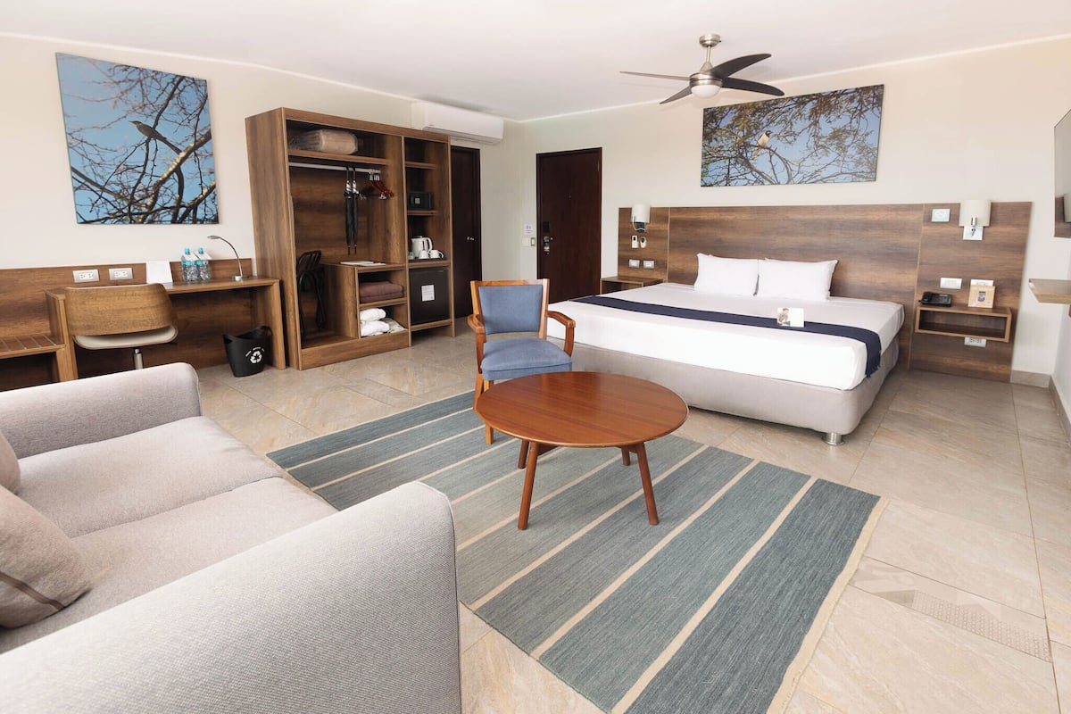 Quarto de hotel com cama, sofá, cadeira, guarda-roupa de madeira e ventoinha no teto.