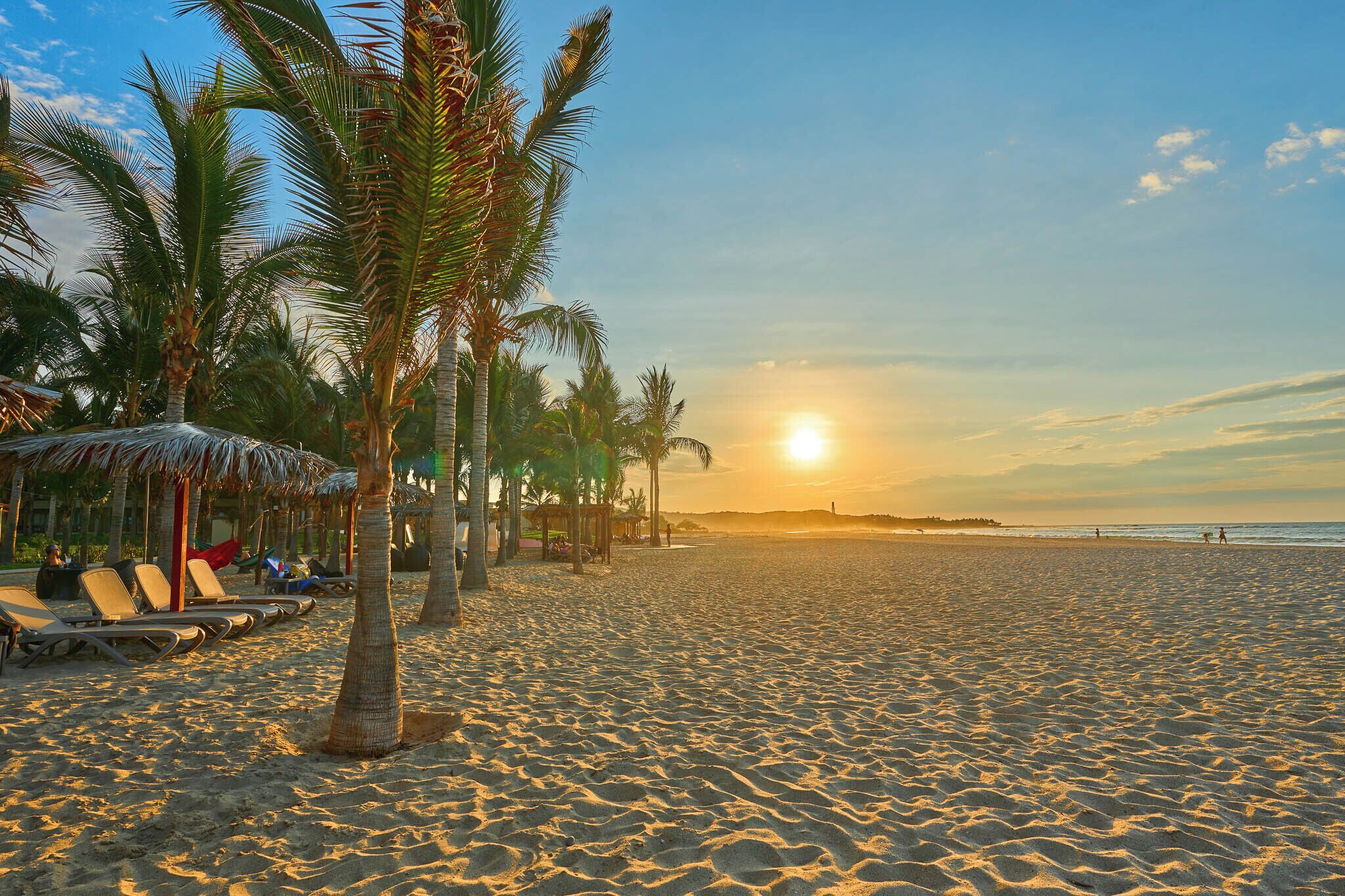 Une plage avec des transats et des palmiers, un ciel dégagé et le soleil se couchant à l’horizon.