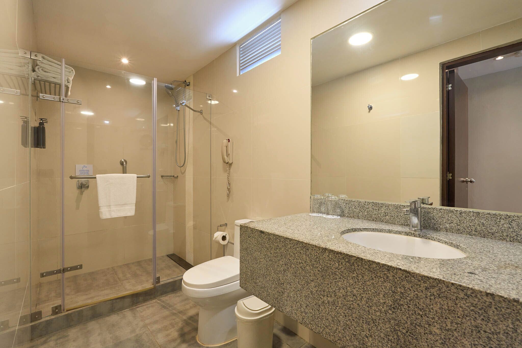 Un baño moderno con ducha envuelta en vidrio, inodoro e lavamanos sobre encimera de granito.