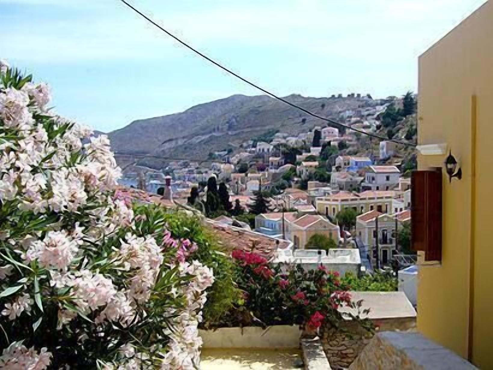A view of a hillside town with buildings, a prominent pink flowering tree, and a clear sky.