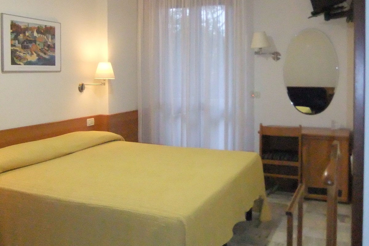 Une chambre d’hôtel avec un lit, un bureau doté d’un miroir, une lampe et un tableau au mur.