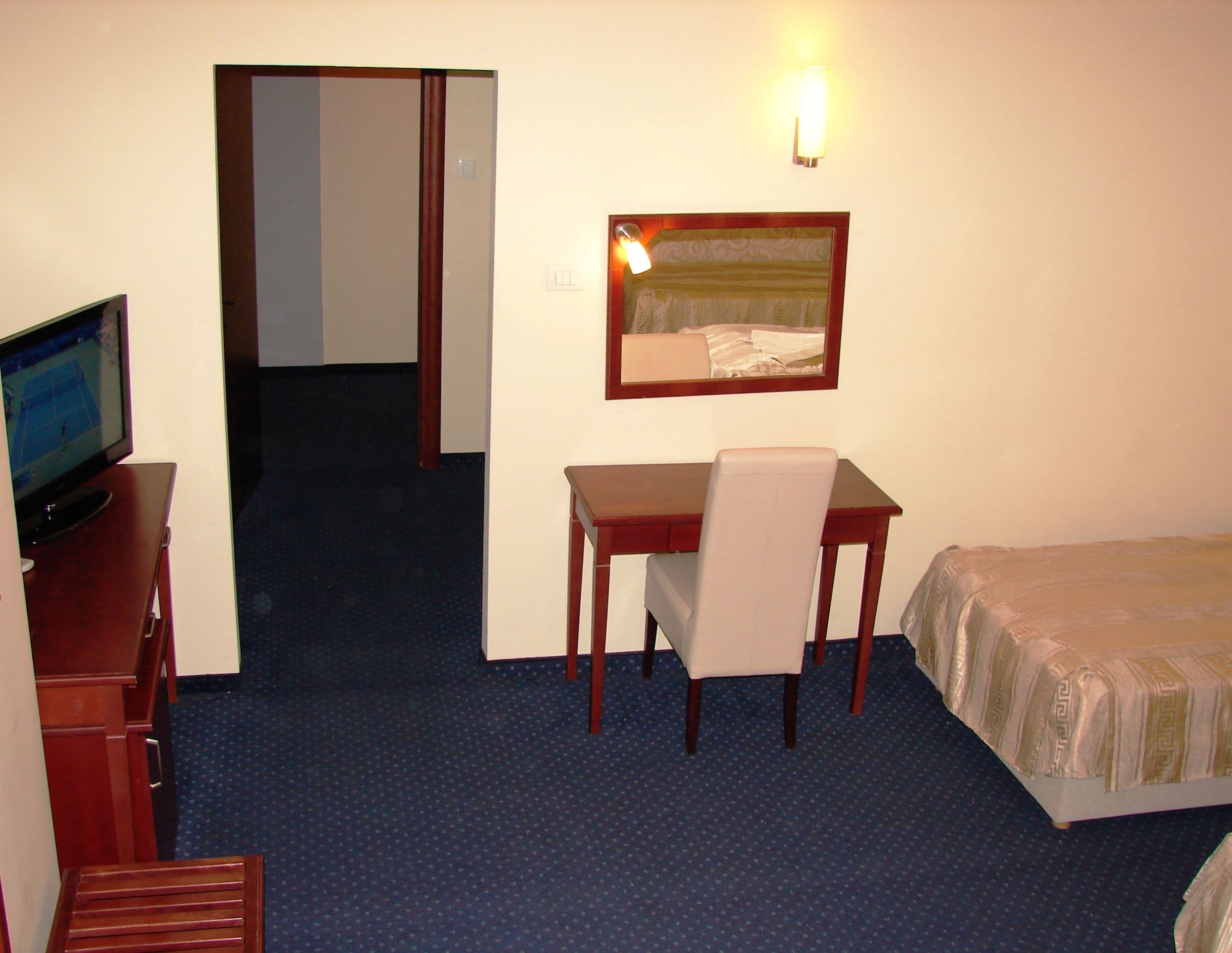 A hotel room with a bed, a desk with a chair, a television, and a mirror on the wall.