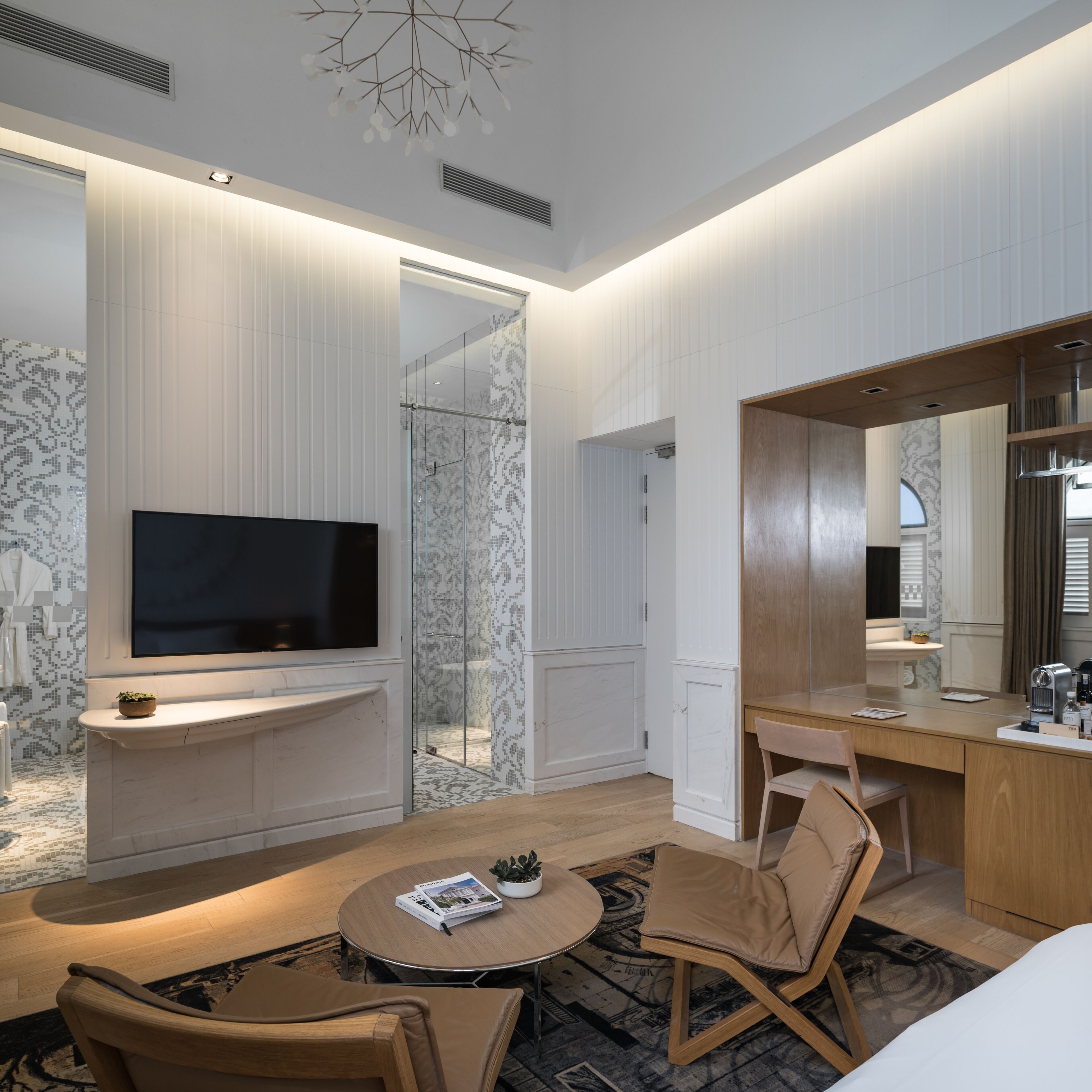 deluxe room, 1 king bed | living area | 55-inch flat-screen tv with satellite channels, tv, mp3 dock