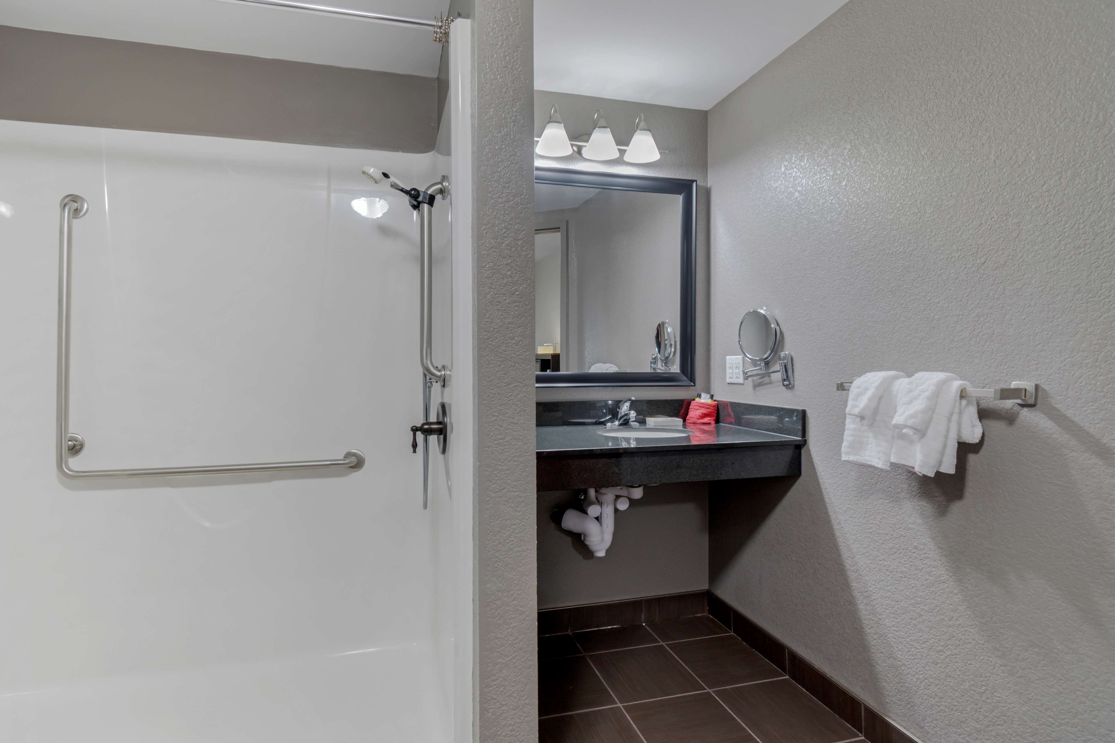A bathroom with a shower, a sink, and a mirror.