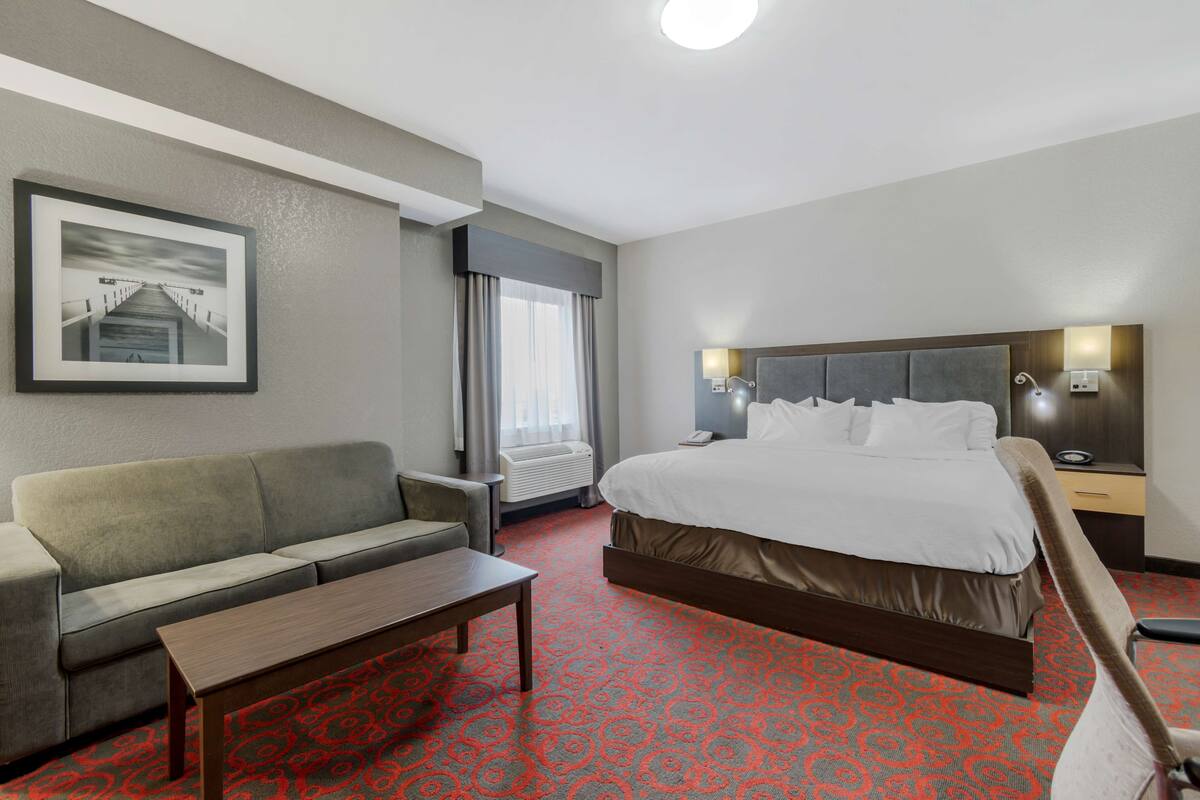 Una habitación de hotel con cama, sofá, mesa de centro, un cuadro enmarcado en la pared y una ventana con cortinas.