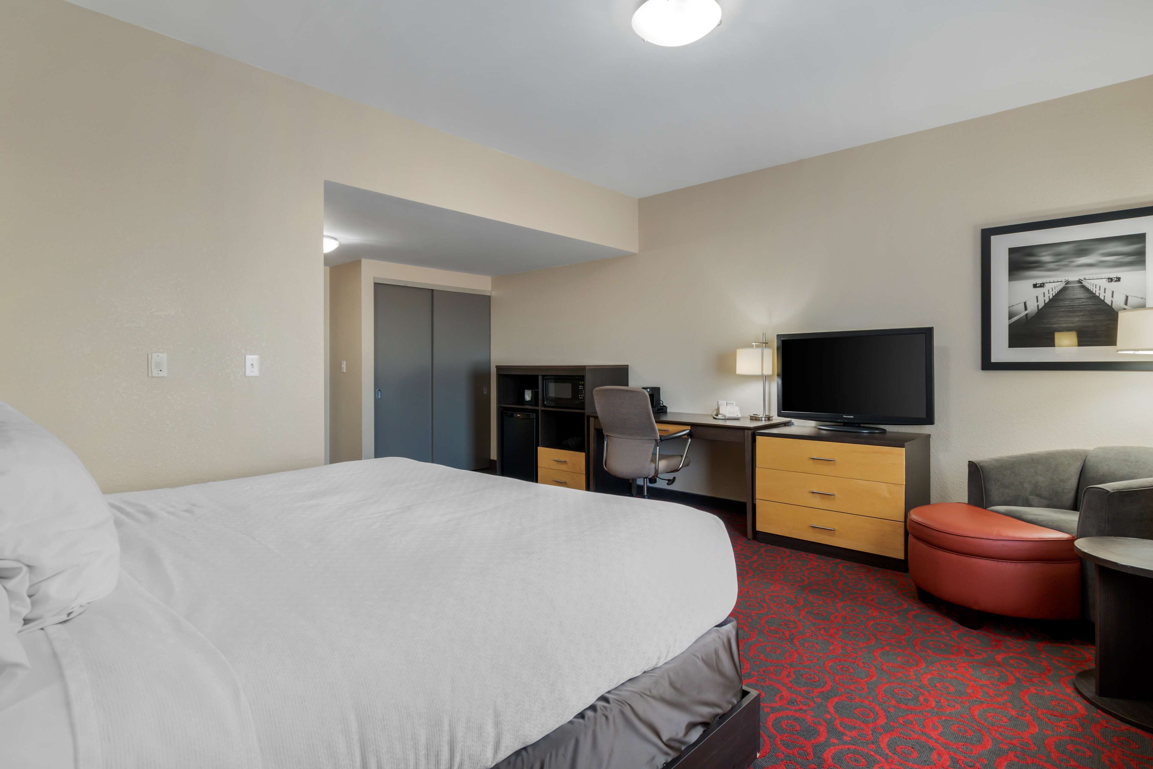 A hotel room with a large bed, a desk with a computer, a TV, and a red patterned carpet.