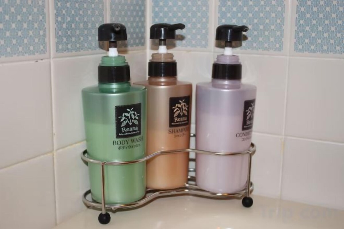 Combined shower/tub, free toiletries, hair dryer, slippers
