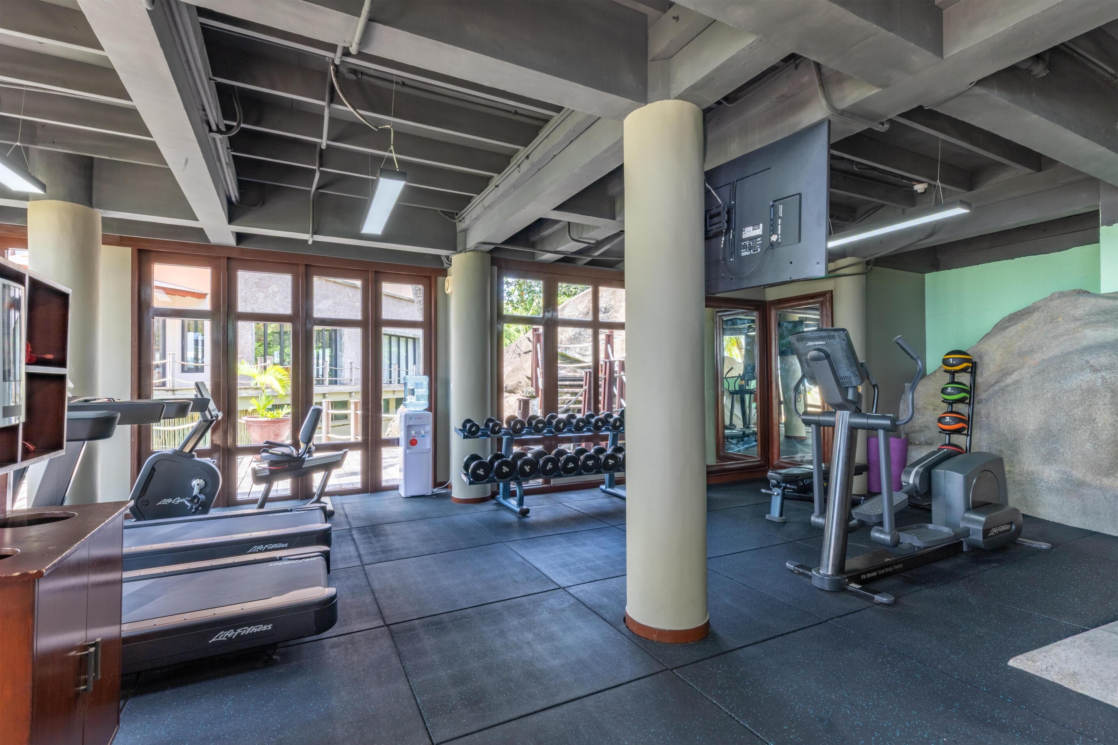 A gym with treadmills, dumbbells, and exercise machines.