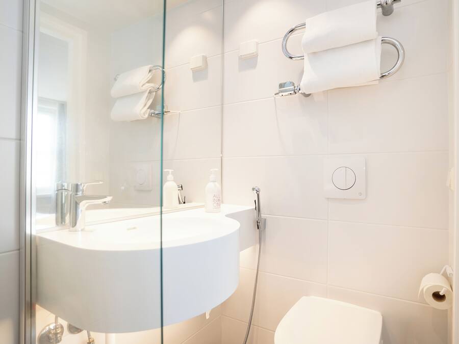 A modern bathroom with a white sink, glass shower enclosure, and a toilet.