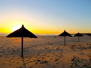 Private beach, beach umbrellas, beach towels, beach bar