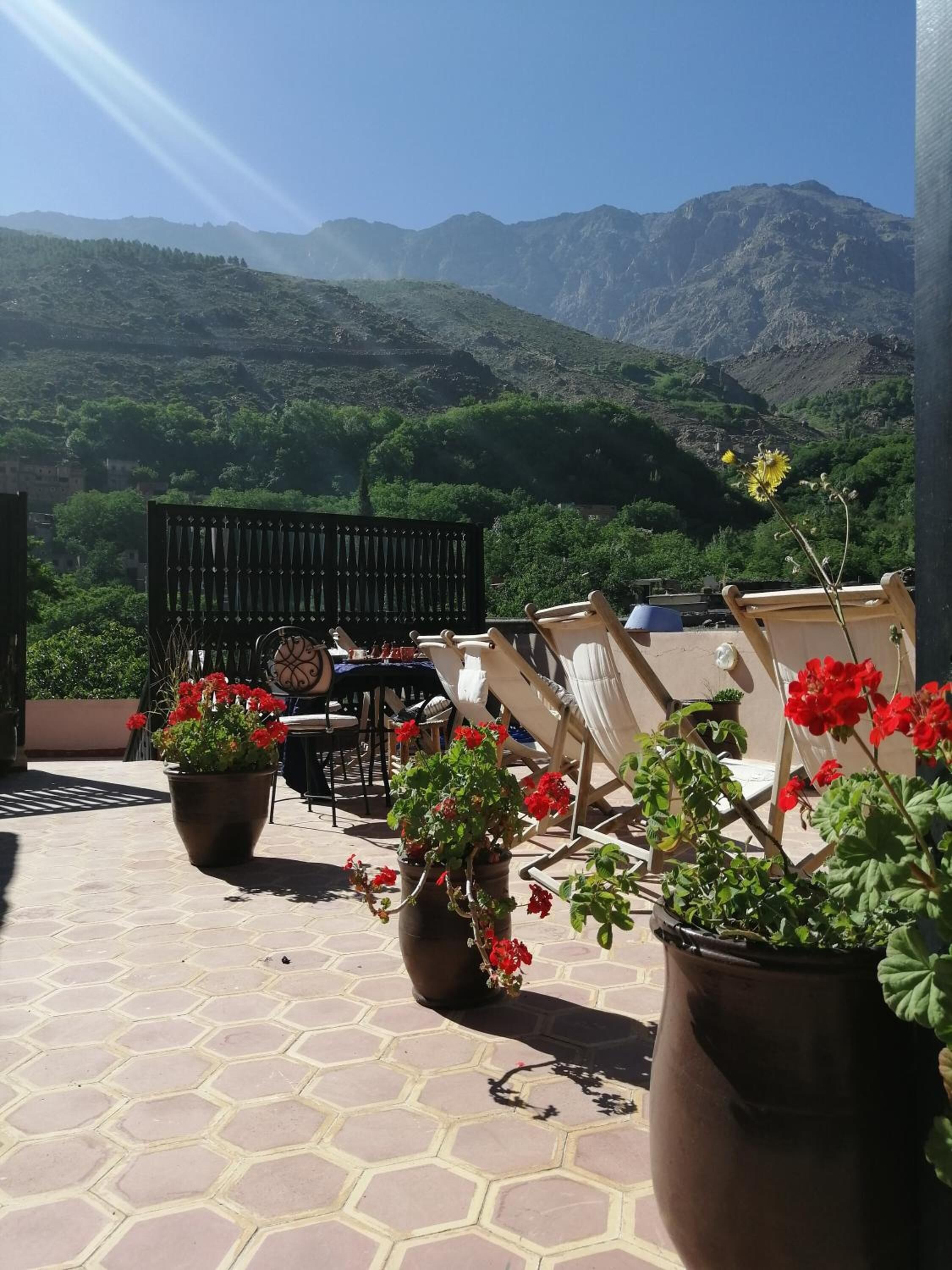 Una terraza con plantas en macetas, mobiliario exterior y vistas a montañas.