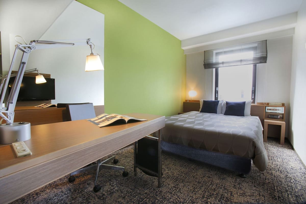 Down comforters, desk, blackout drapes, iron/ironing board