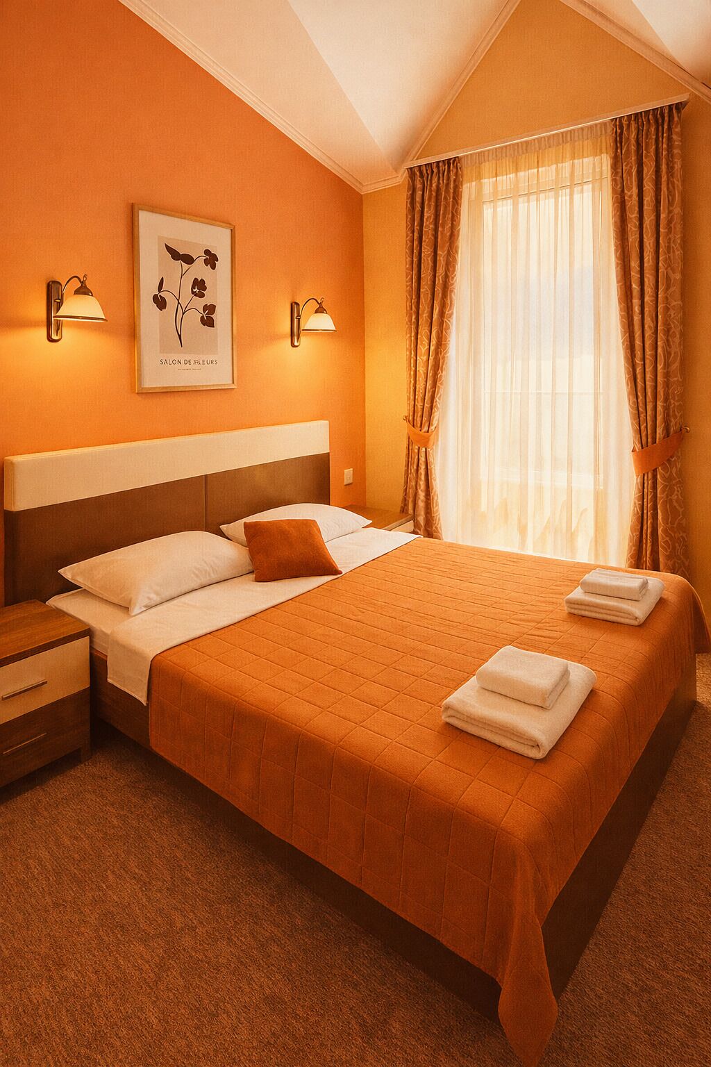 Habitación de hotel con una cama grande, dos lámparas de noche, una obra de arte floral enmarco y un ventanal con cortinas.