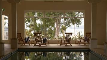 Indoor pool, open 7:30 AM to 7:30 PM, sun loungers