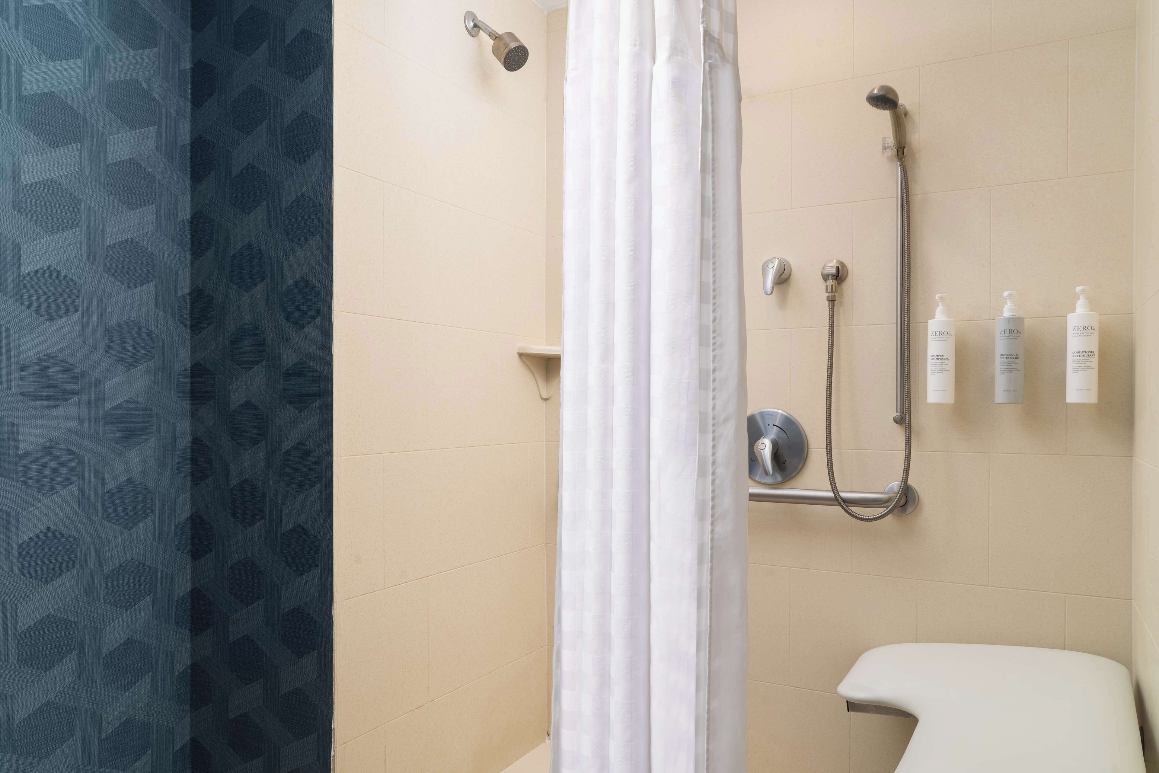 studio, 1 king bed, accessible (mobility & hearing, roll-in shower) | bathroom | hydromassage showerhead, free toiletries, hair dryer, towels