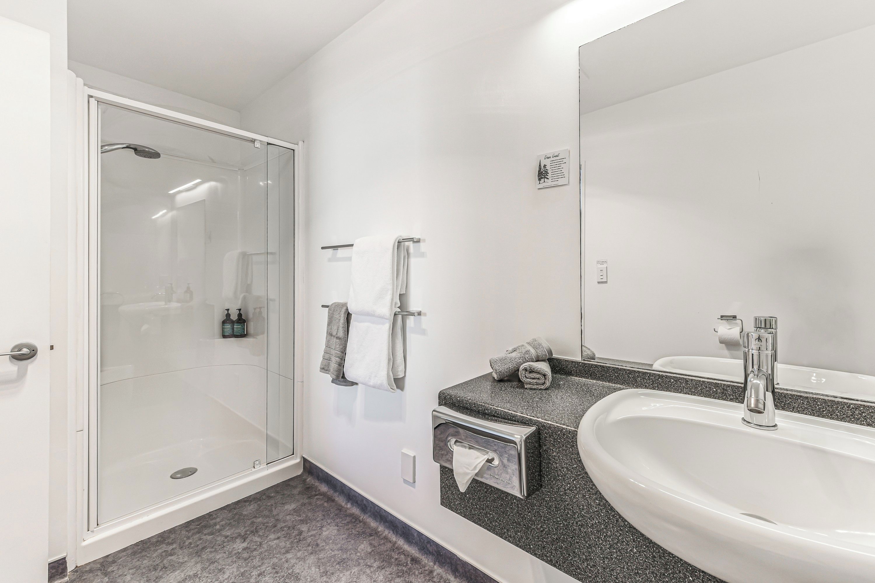 Un baño moderno con ducha envuelta en vidrio, lavamanos con encimera de granito y un espejo grande.