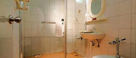 A bathroom with a glass shower enclosure, a toilet, and a sink with a mirror above it.