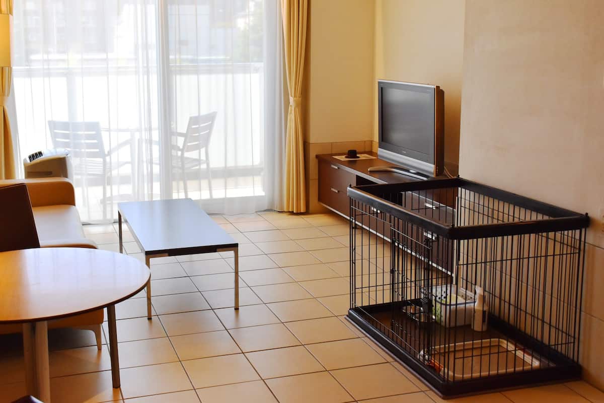 Ein Hotelzimmer mit einer Couch, einem Tisch, einem Fernseher, einem Vogelkäfig und einem Balkon mit Stühlen.