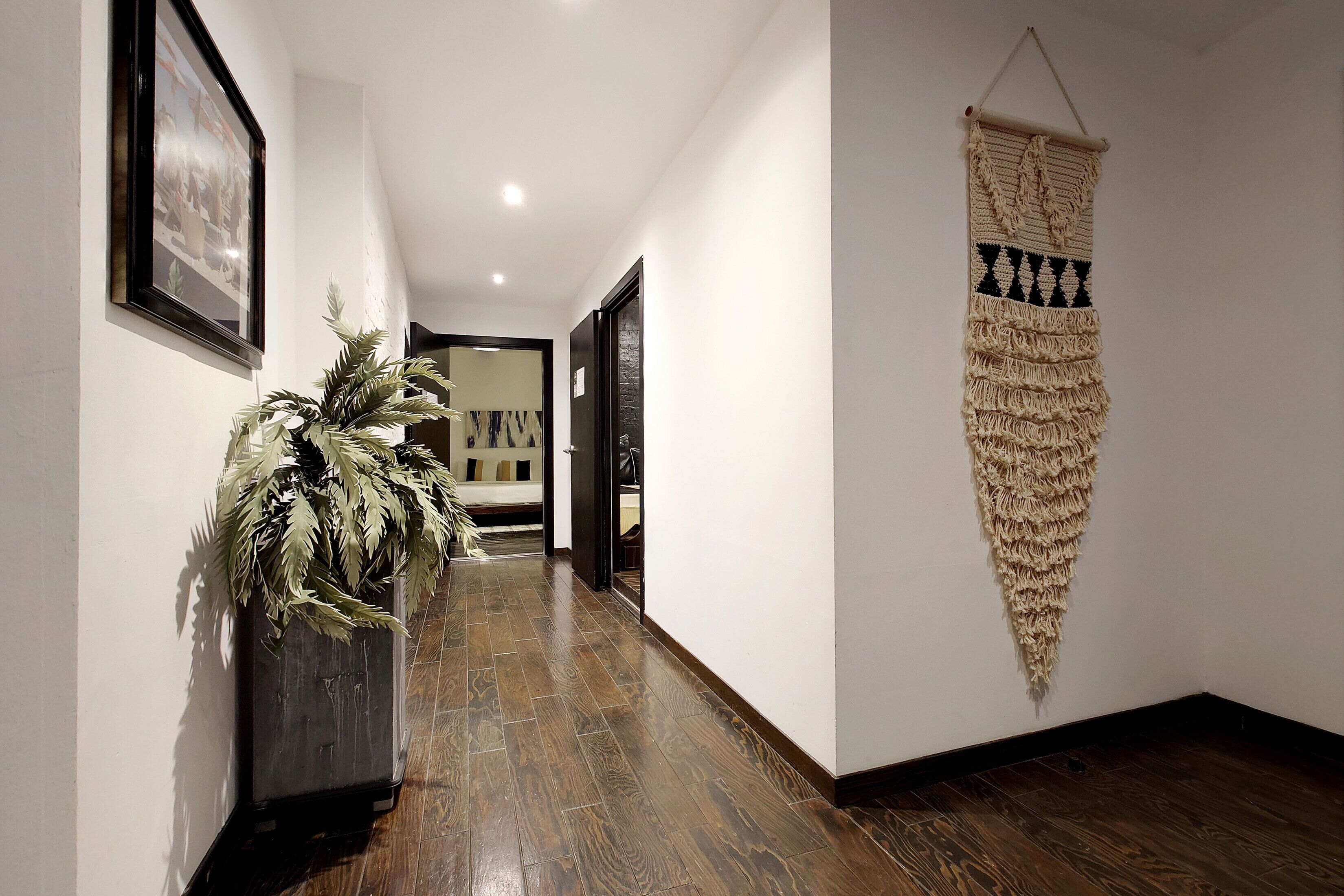 A hallway with wooden flooring, a potted plant, a framed picture, and a macramé wall hanging.