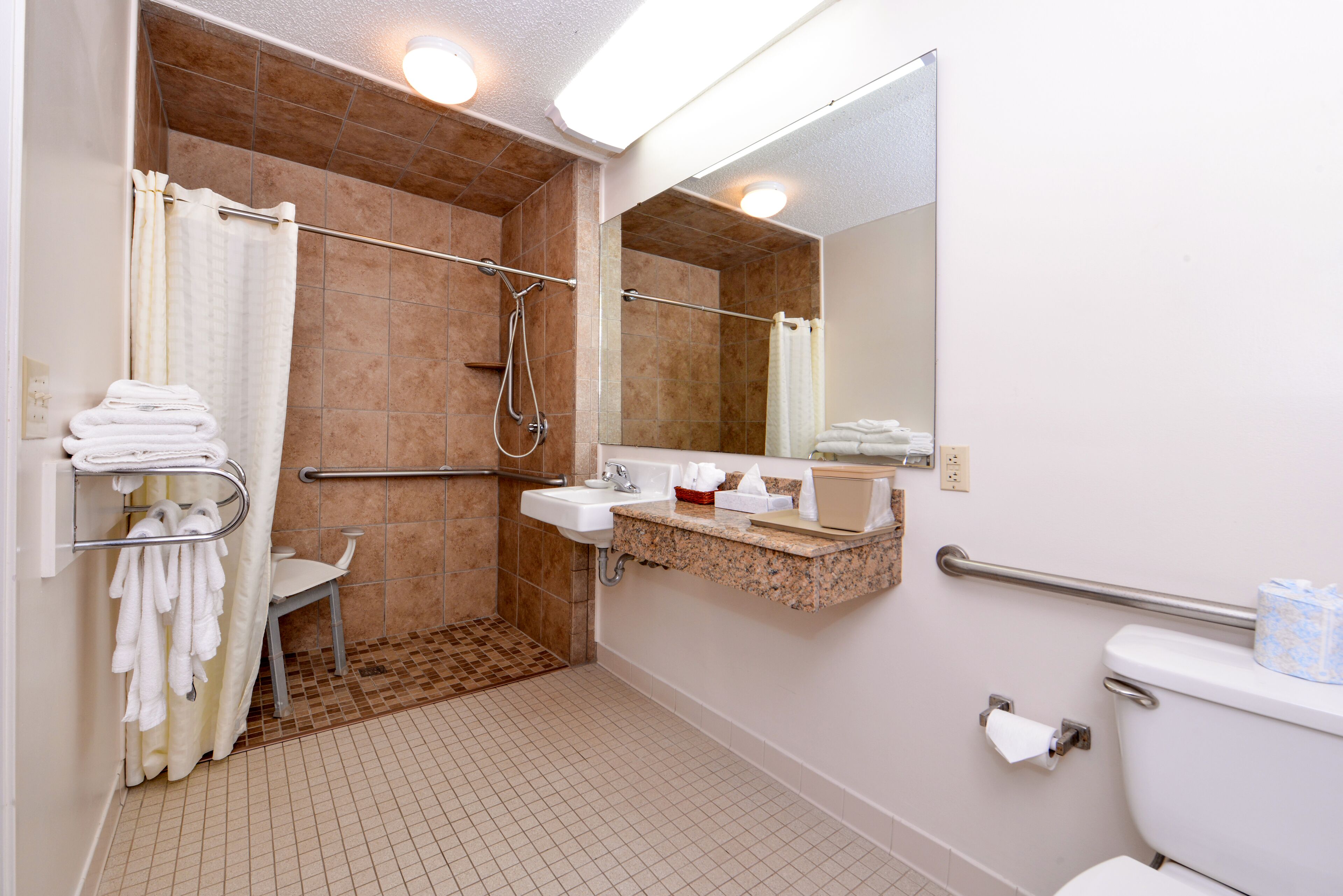A bathroom with a shower, sink, toilet, and a mirror.