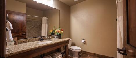 A bathroom with a wooden vanity, a large mirror, a toilet, and a shower curtain.