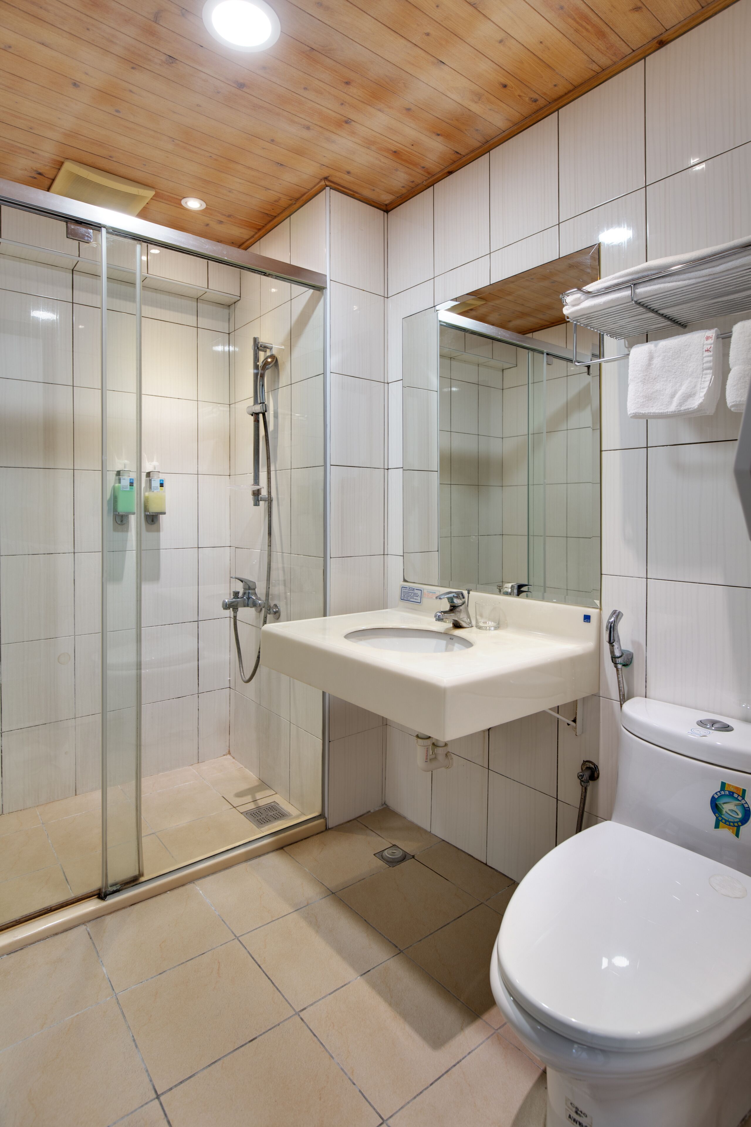 rainfall showerhead, hair dryer, towels, shampoo