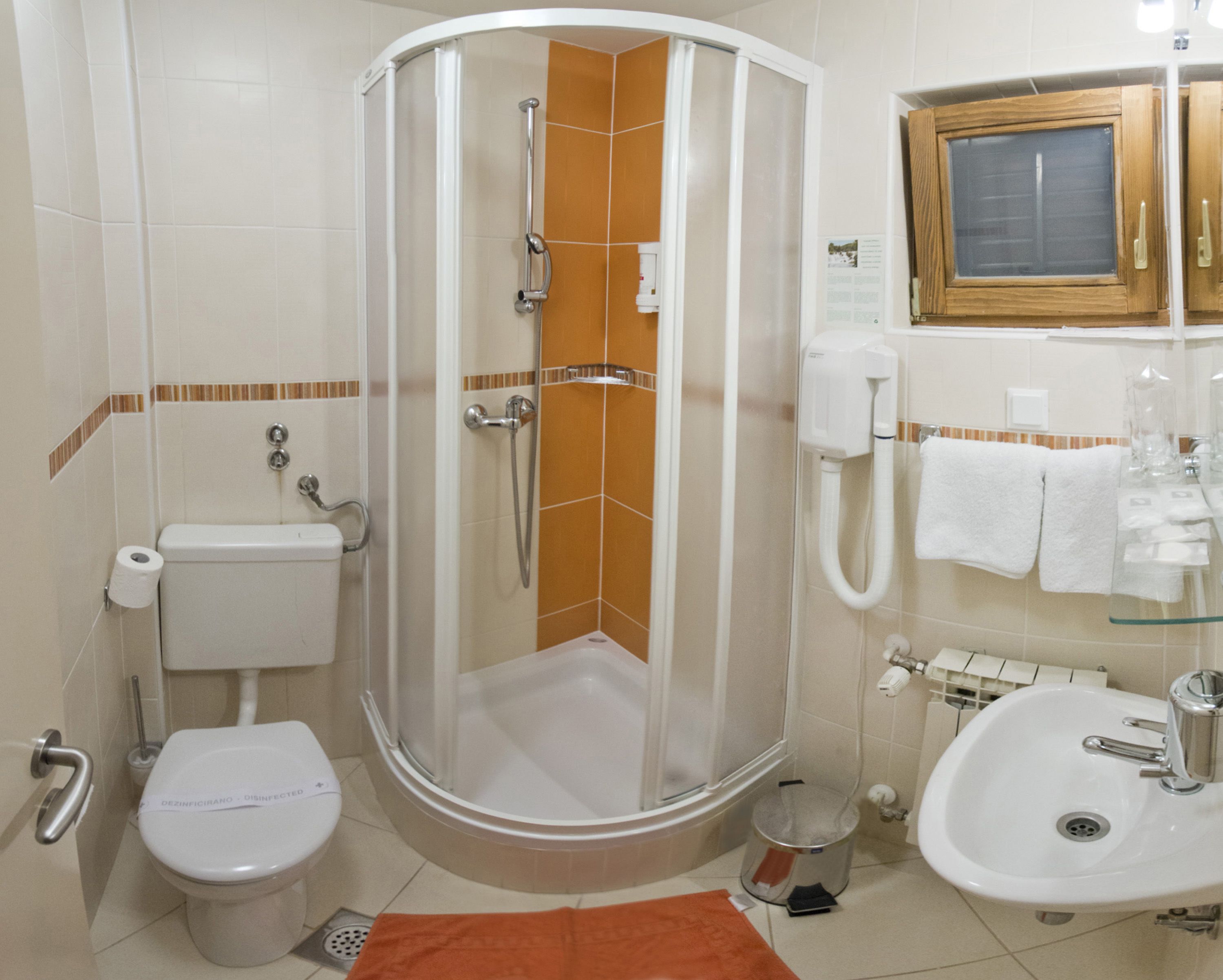 Un baño con ducha envuelta en vidrio, un inodoro, un lavabo y un espejo.