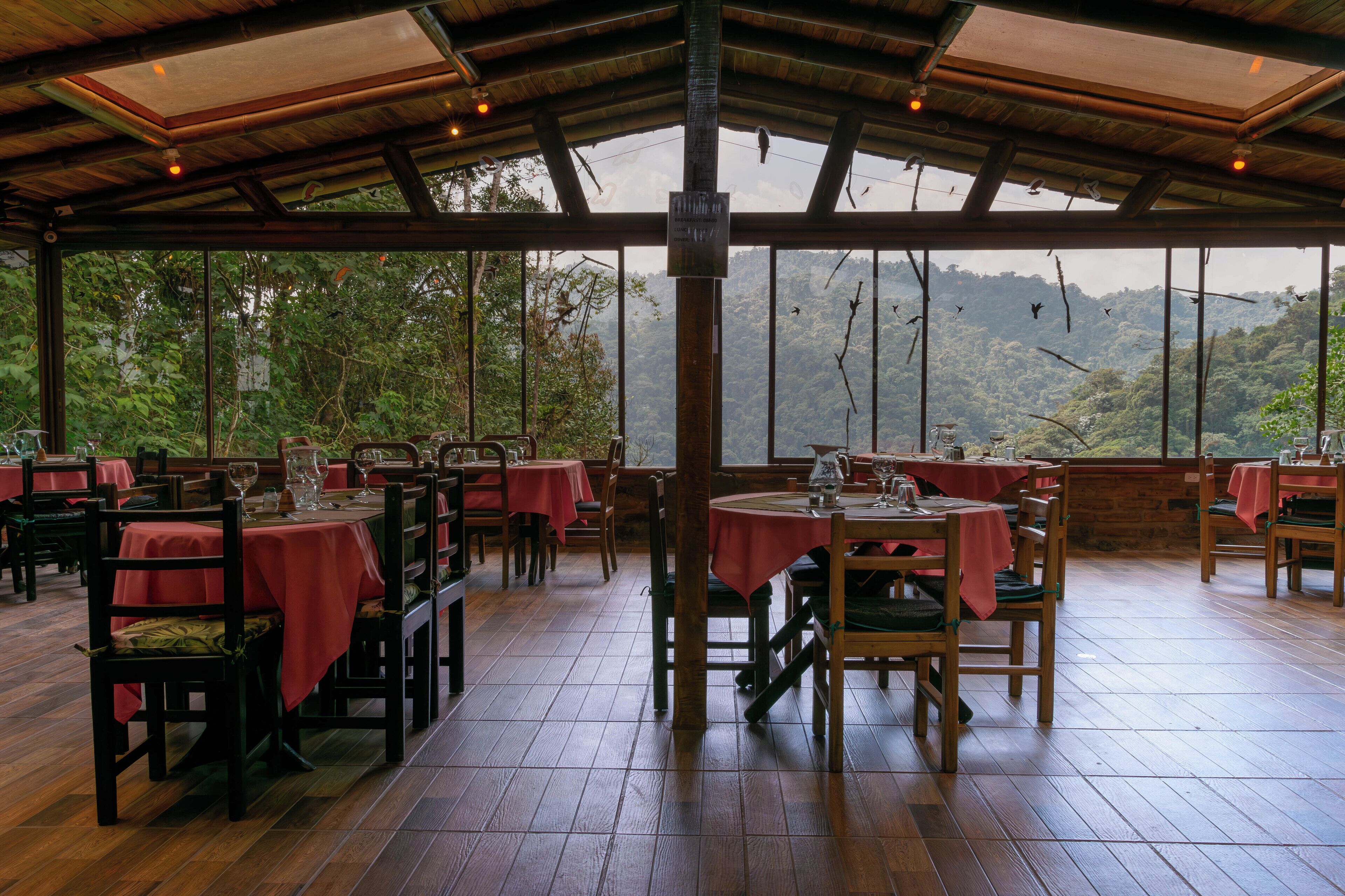 An outdoor restaurant with tables and chairs, surrounded by a wooden deck and large windows offering a view of the forest.