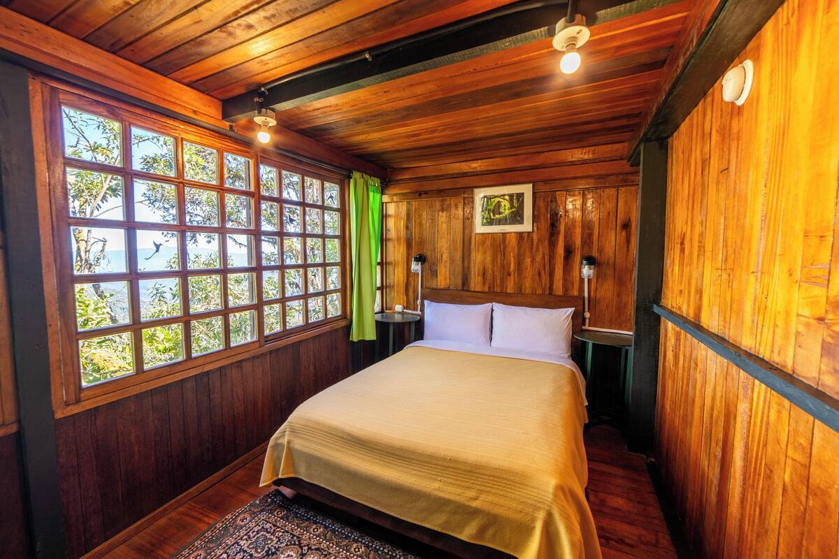 Una habitación con paneles de madera, una cama, ventanas amplias y vistas a árboles.
