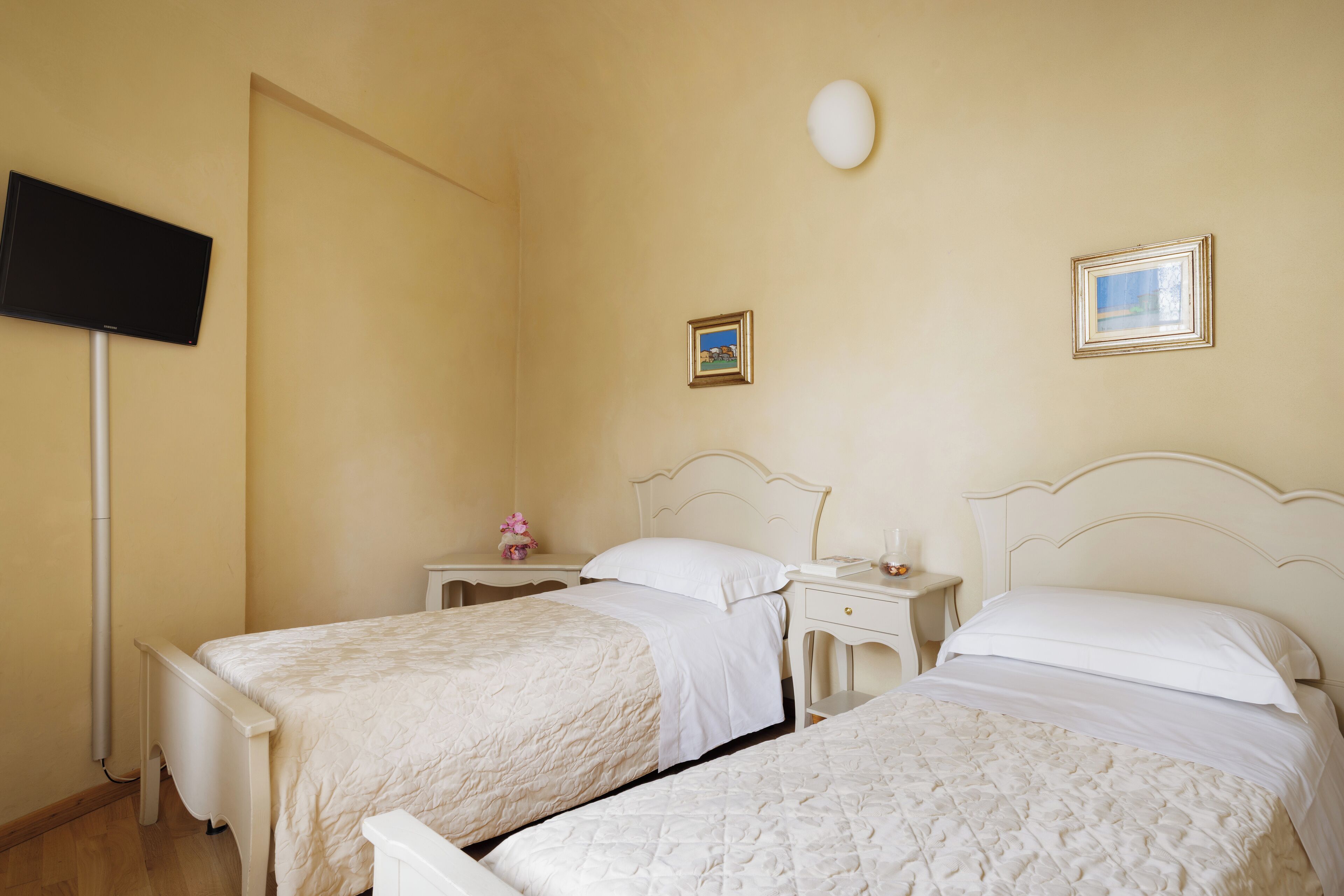 Une chambre d’hôtel avec deux lits, une télévision, une table de chevet et un tableau au mur.