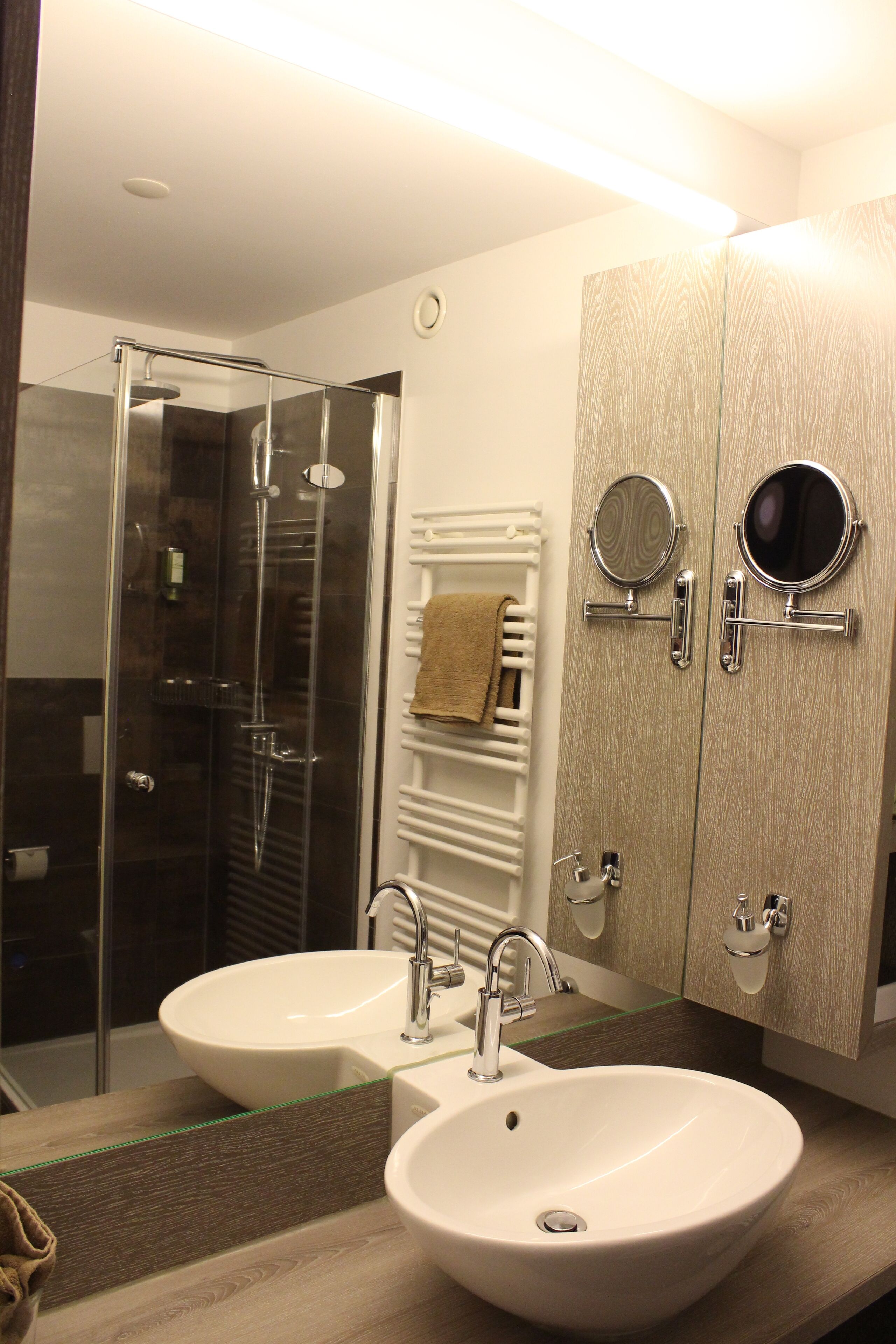 A modern bathroom with two sinks, a glass shower enclosure, and wooden cabinets.