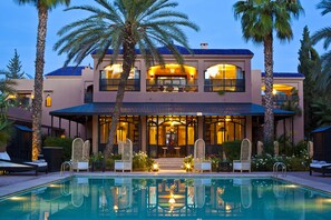 Outdoor pool, pool umbrellas, pool loungers