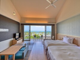 ガーデンテラスオーシャンビュー (大人３名以上はスタッキングベッド,5名から布団追加) | セー フティボックス (室内)、遮光カーテン、WiFi (無料)、ベッドシーツ