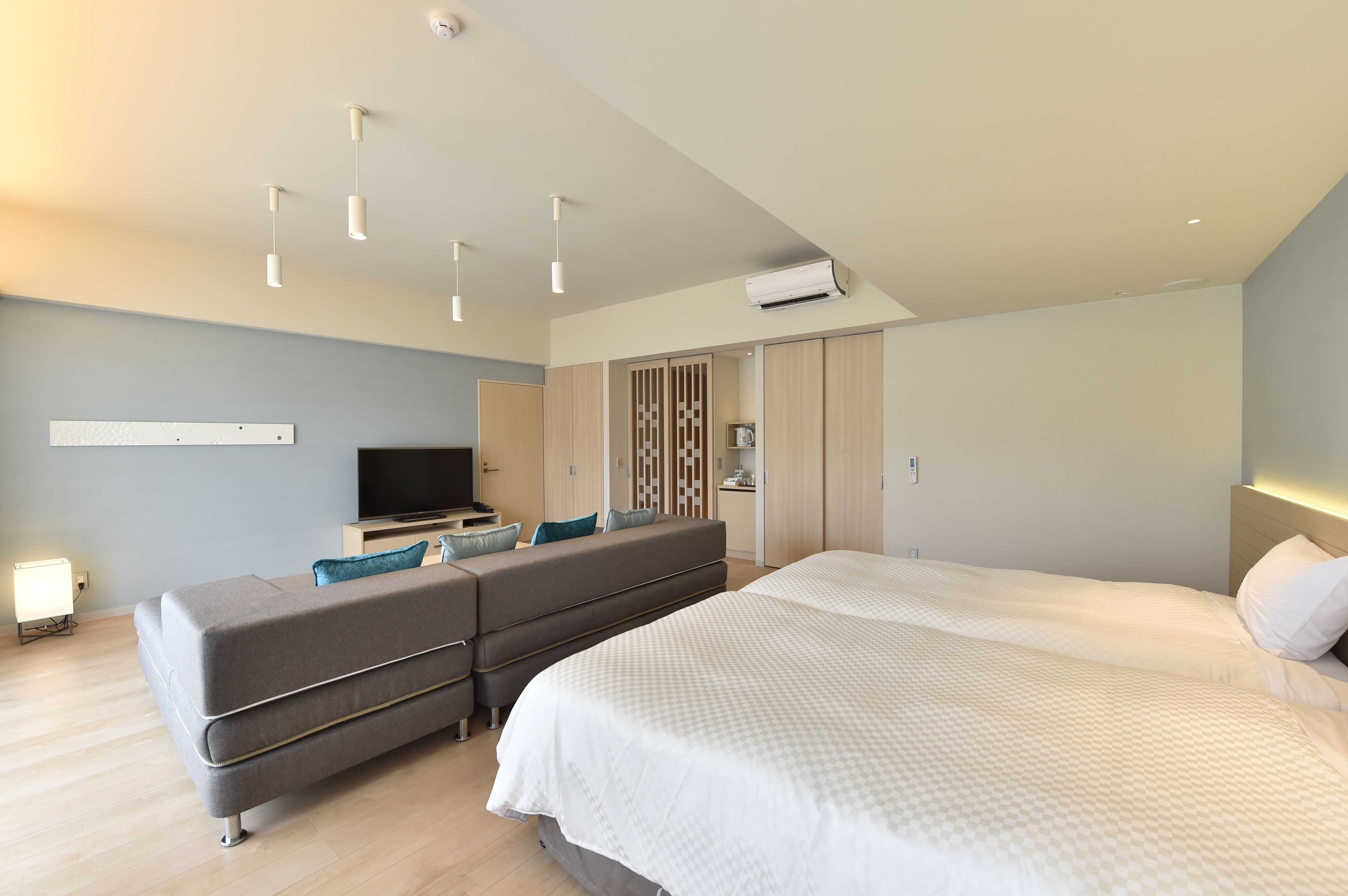 Una habitación de hotel moderna con una cama grande, un sofá, un televisor y un armario.