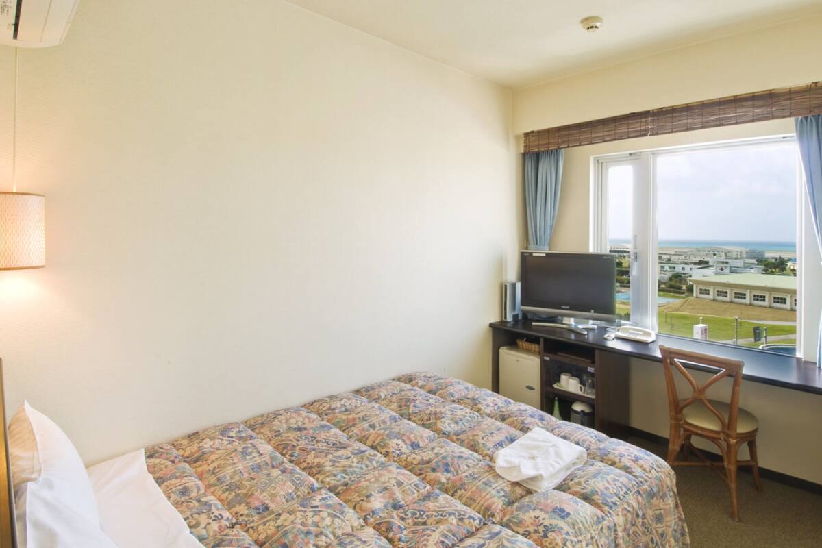 A hotel room with a bed, a desk with a TV, a chair, and a window with a view of buildings and a body of water.