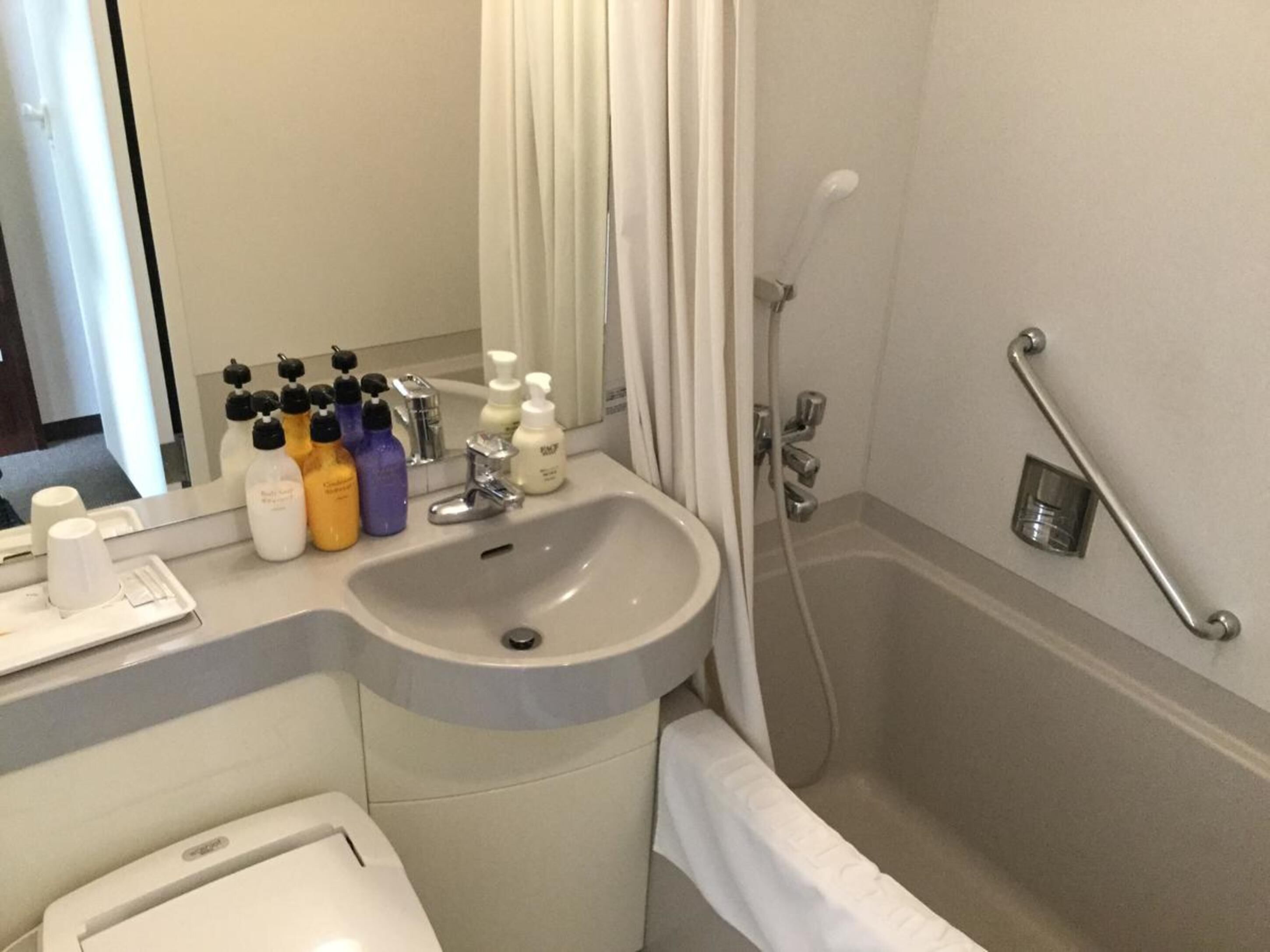 combined shower/bathtub, free toiletries, hair dryer, bathrobes